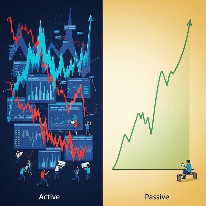 A split image comparing active investing, shown with complex charts and data, against passive investing, represented by a simple, steady long-term growth chart.