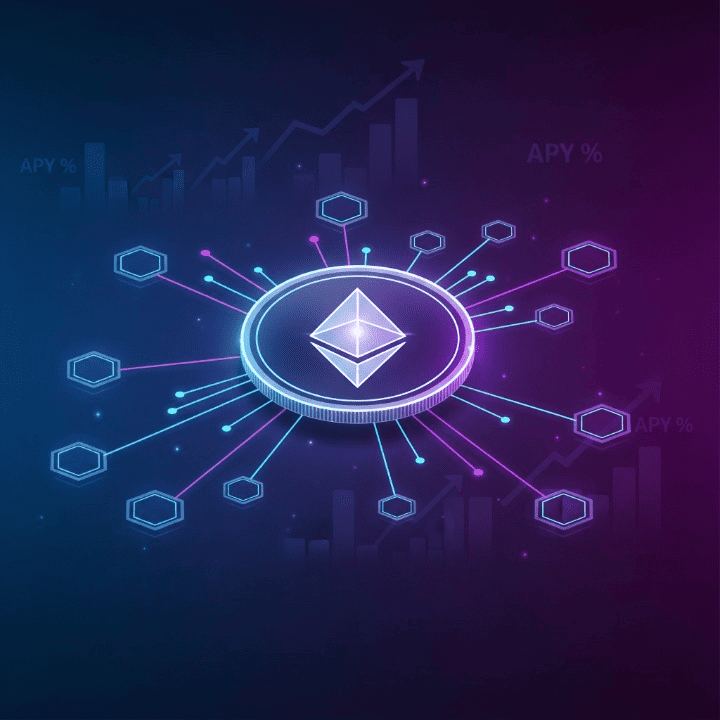 A digital coin icon at the center of a glowing, decentralized network, symbolizing the concept of crypto staking for earning rewards on a blockchain.