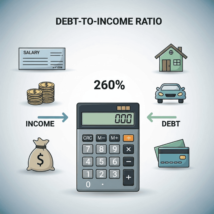 An infographic illustrating how to calculate your debt-to-income ratio, showing income sources on one side, debt obligations on the other, and a calculator in the middle.