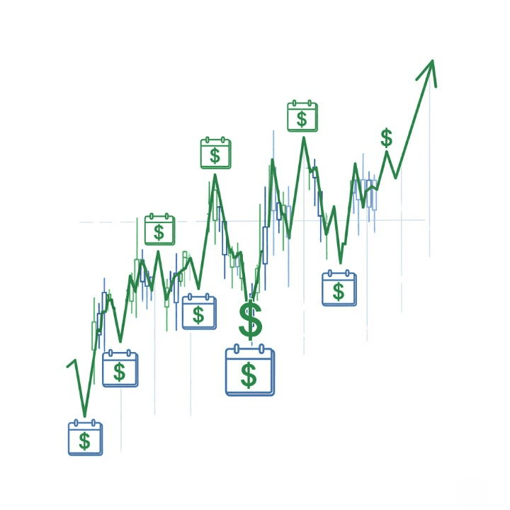 A stock chart showing a volatile but upward trend, with dollar signs invested at regular intervals, illustrating the dollar-cost averaging strategy.
