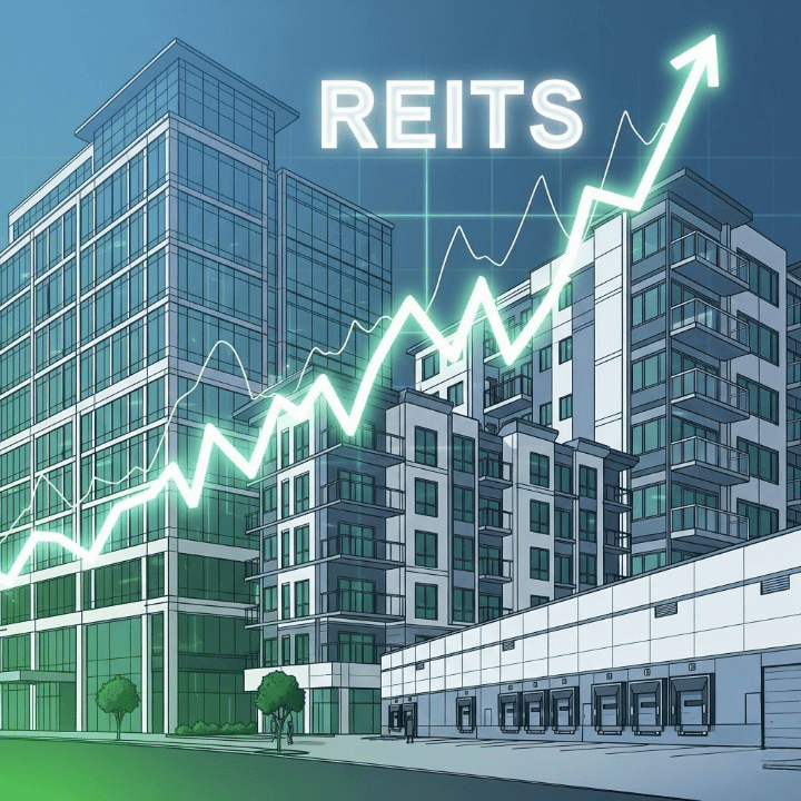 A modern collage of commercial real estate properties with a stock chart graphic overlay, representing how to invest in REITs for portfolio growth and diversification.