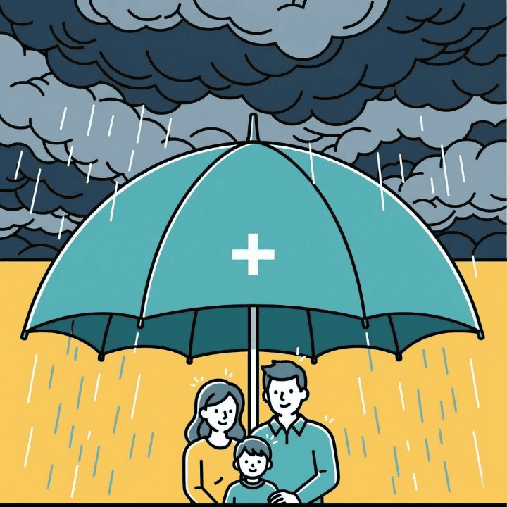 An image of a large, protective umbrella shielding a family from a storm, symbolizing how an emergency fund provides financial safety and security.