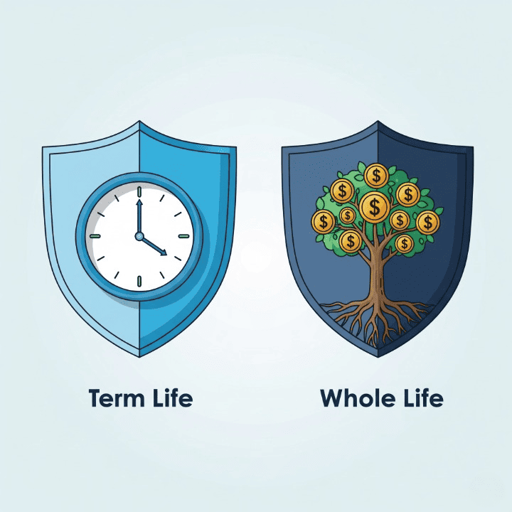 A split image comparing Term Life Insurance, shown as a temporary shield with a clock, and Whole Life Insurance, shown as a permanent shield with a growing money tree.