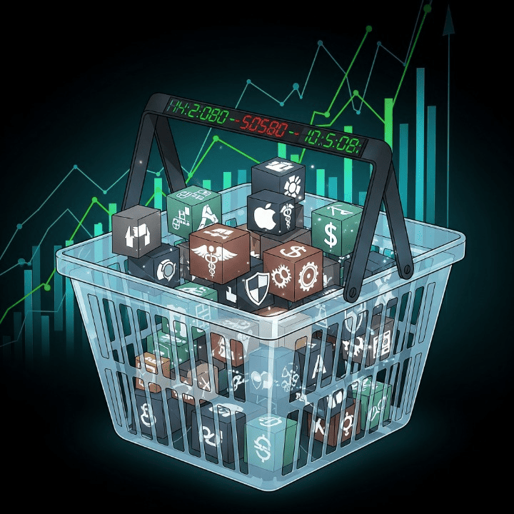 An image of a shopping basket holding many different stock and bond icons, visually representing what an ETF (Exchange-Traded Fund) is and how it provides diversification.