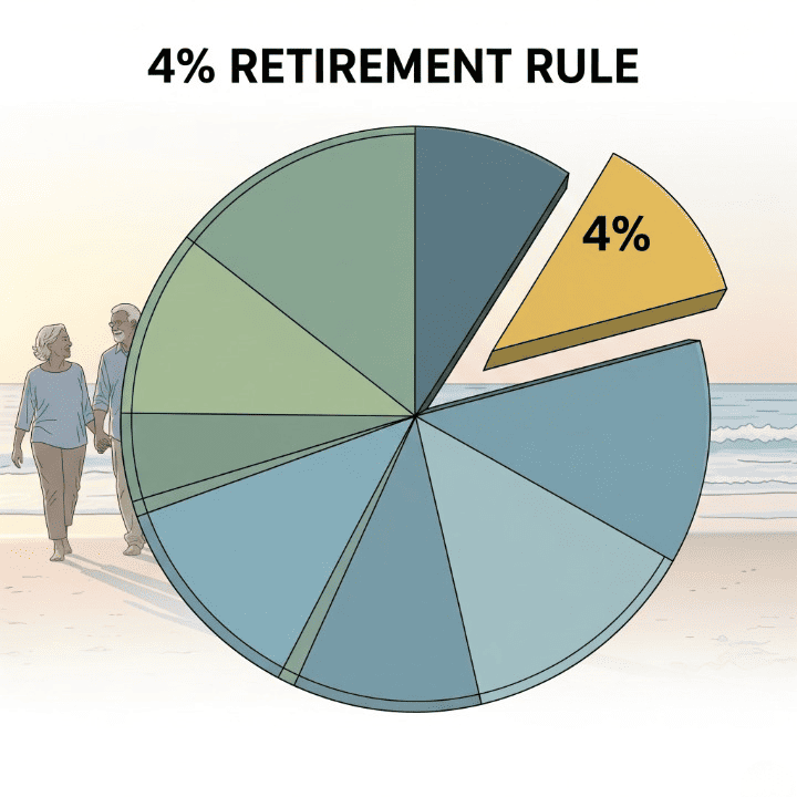 A financial pie chart with a 4% slice being taken out, set against a background of a retired couple on a beach, illustrating the 4% safe withdrawal rule for retirement.
