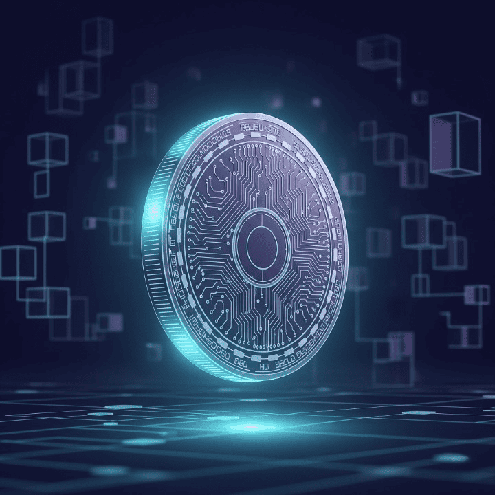 A futuristic image of a glowing digital coin in front of a network of interconnected blocks, representing cryptocurrency and its underlying blockchain technology.