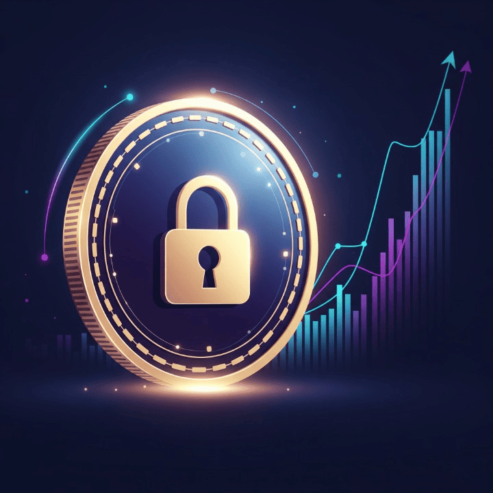 A modern and professional image for an article on crypto staking. It shows a glowing, gold cryptocurrency coin with a secure padlock icon on its surface. In the background, a blue and purple digital graph trends upward, symbolizing the passive income and growth from staking rewards. The overall aesthetic conveys security, technology, and financial growth in the digital asset space.