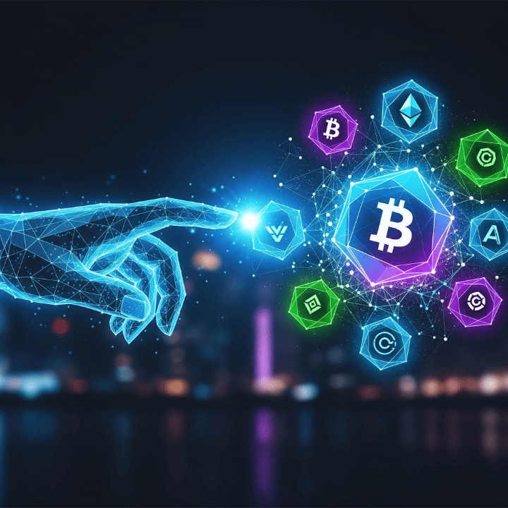 A futuristic image showing a digital hand reaching for a network of glowing polygonal shapes, representing cryptocurrency investing and blockchain technology.