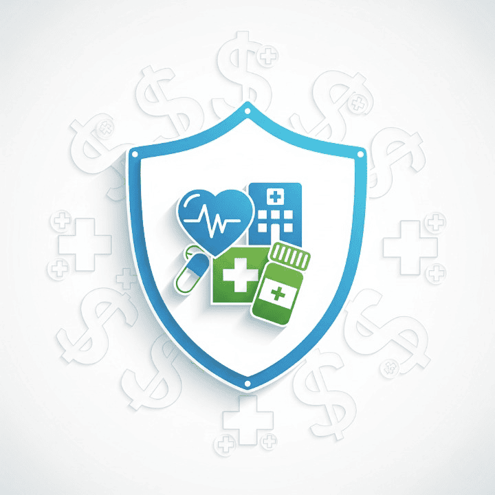 A graphic image of a protective shield containing various medical icons, representing the financial protection provided by health insurance.