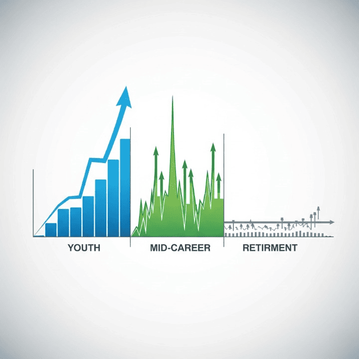 A conceptual timeline graphic illustrating a dynamic retirement investment strategy, with charts showing high growth in youth, balanced growth in mid-career, and stable income in retirement.