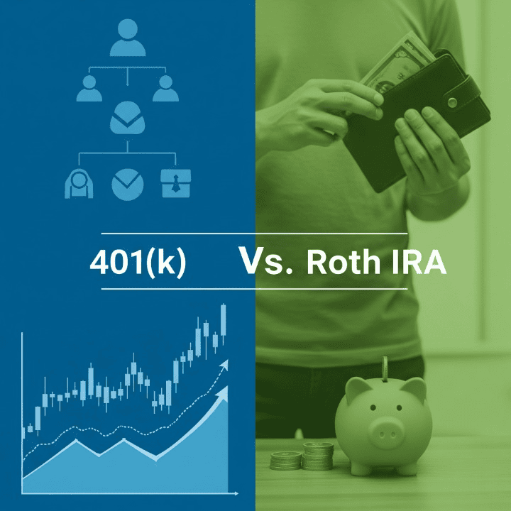 A professional, split-screen image comparing a corporate 401(k) plan with a personal Roth IRA, representing different approaches to retirement savings.