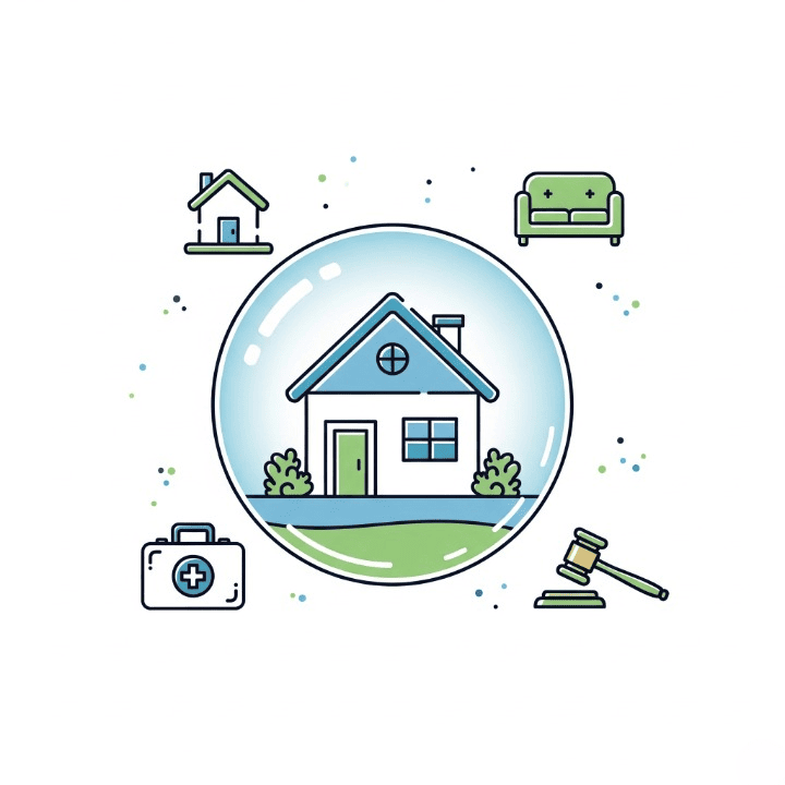 A house safely protected inside a clear shield, surrounded by icons that represent the different types of homeowners insurance coverage, such as dwelling, property, and liability.