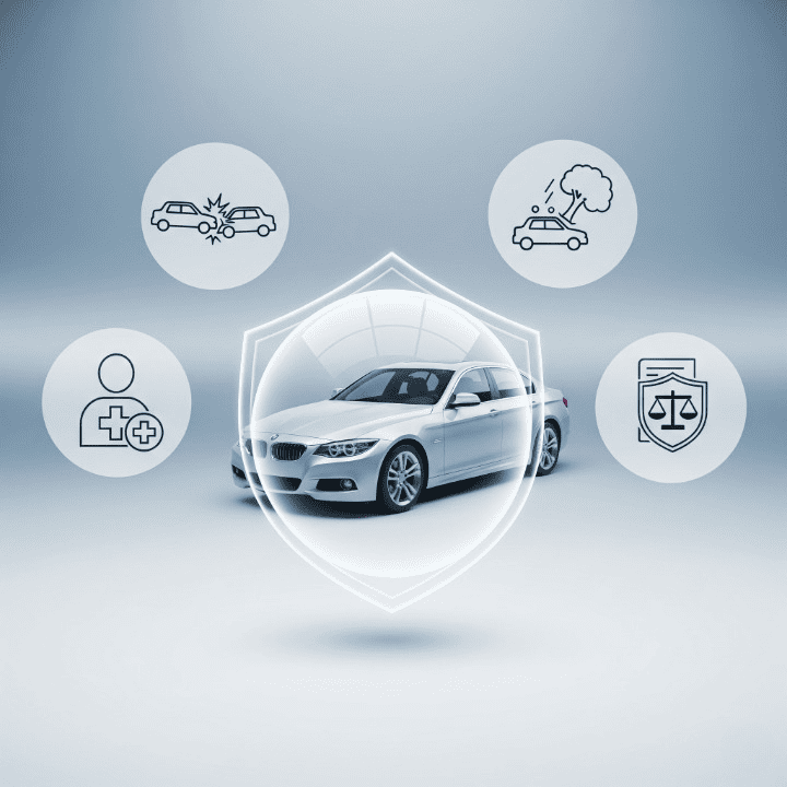 A car protected by a shield, surrounded by icons for collision, comprehensive, medical, and liability coverage, illustrating what auto insurance covers.