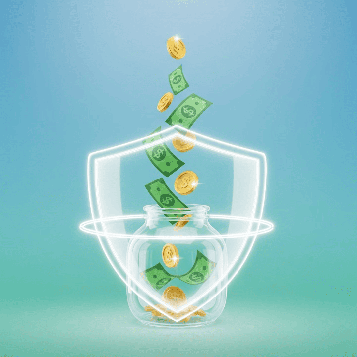 A conceptual image of a piggy bank or jar surrounded by a protective shield, symbolizing the security of an emergency fund against financial emergencies.