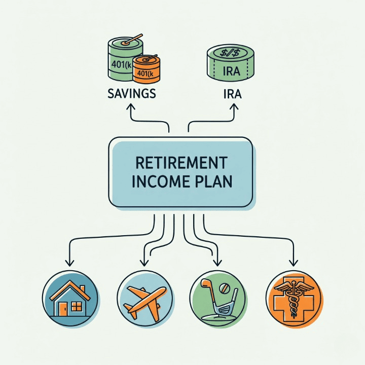 A flowchart graphic showing how a retirement income plan converts savings from sources like a 401(k) into a secure and enjoyable retirement lifestyle with travel and hobbies.
