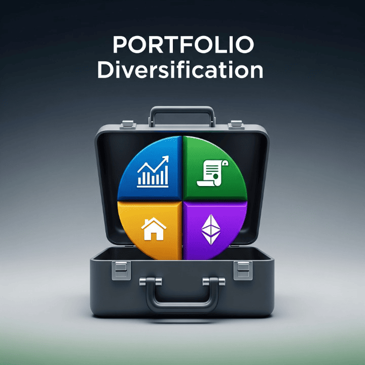 A conceptual graphic showing a diversified investment portfolio represented by different colored sections in a circle, including stocks, bonds, and real estate.