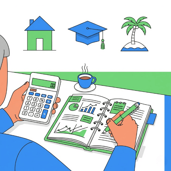 A person sitting at a desk and creating a budget in a planner, with icons for financial goals like buying a house and saving for vacation visible nearby.