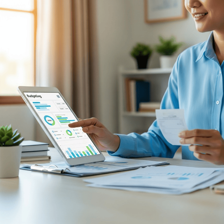 A professional image of a person creating a personal budget on a tablet, with financial charts and documents in the background, representing organization and financial planning.
