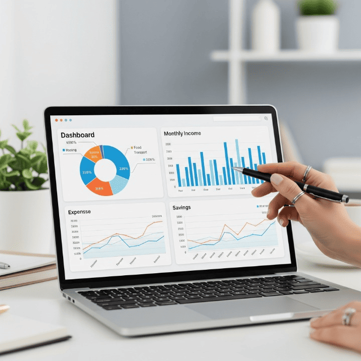 A hand pointing to a digital financial dashboard on a laptop screen, illustrating the process of creating a personal budget and managing finances.
