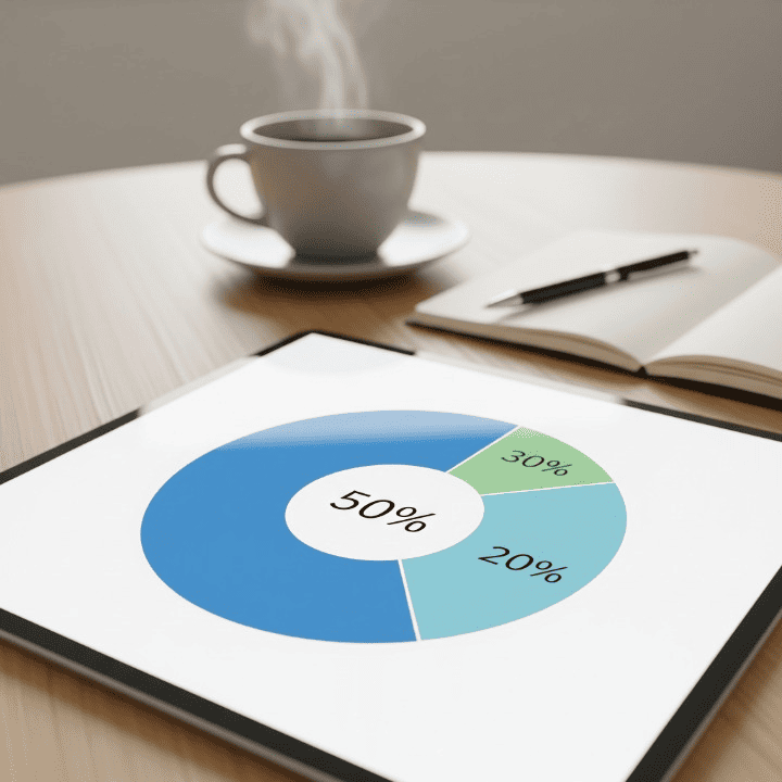 A professional image showing a tablet screen with a pie chart representing the 50/30/20 budget rule. The chart is divided into three colored sections. The background is a clean desk setting, symbolizing effective personal finance and money management.