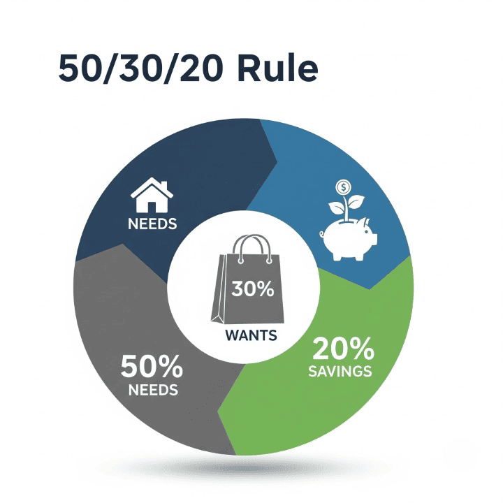 A conceptual graphic of a pie chart divided into three sections (50%, 30%, 20%) with icons representing Needs, Wants, and Savings, illustrating the 50/30/20 Rule.