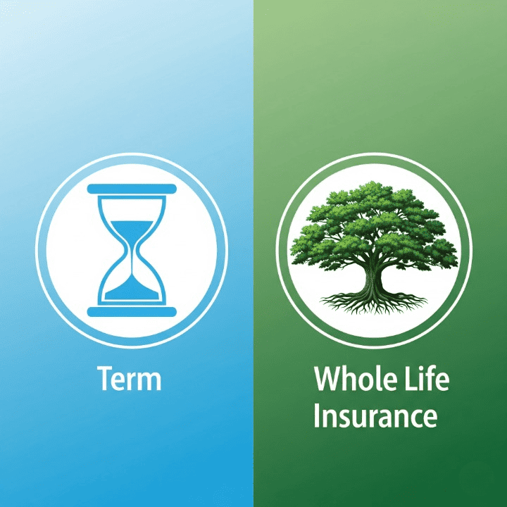 A stylized image showing a side-by-side comparison of term and whole life insurance, with simple graphics representing their different timeframes and benefits.
