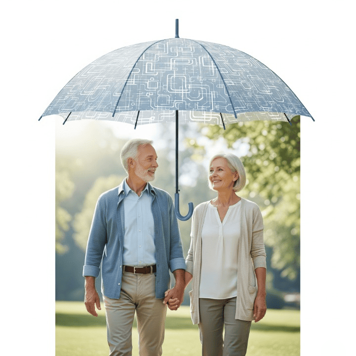 A graphic image of a large umbrella providing protection for a senior couple, representing the security and peace of mind that long-term care insurance provides.