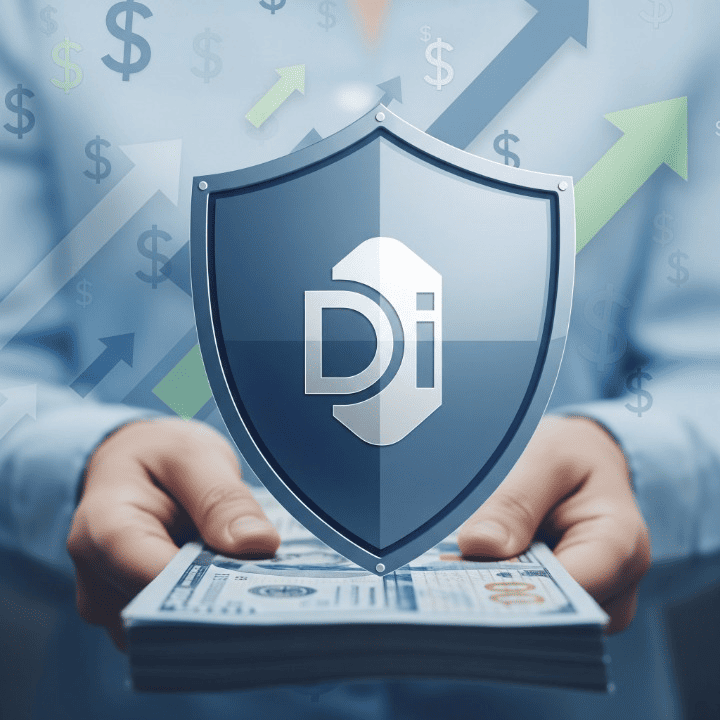 A graphic image of a shield protecting a person's hands and a stack of money, representing disability insurance and income protection.