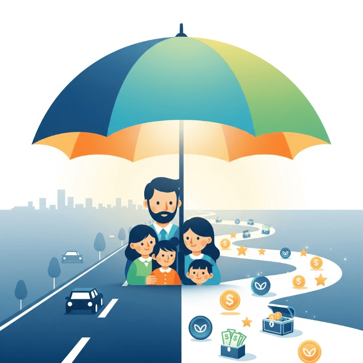 A symbolic and professional image depicting a family sheltered under a large, protective umbrella, which represents life insurance. The background shows a fork with two paths, one simple and direct for term life, and another that accumulates value for whole life. The warm color scheme evokes feelings of safety, security, and making an informed financial decision.