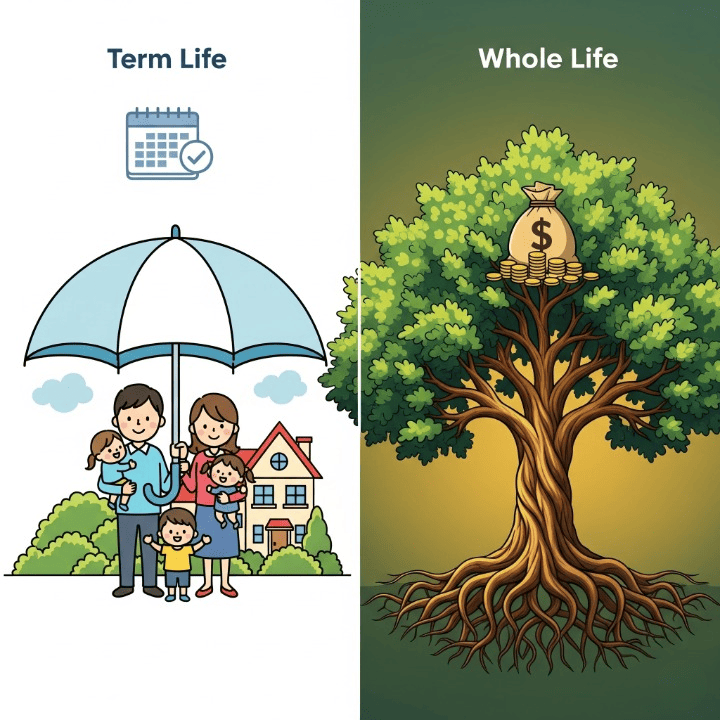 A split image comparing term life insurance, shown as a temporary umbrella of protection, and whole life insurance, shown as a permanent tree that grows cash value.