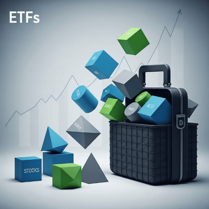 A conceptual image of different colored blocks representing assets being gathered into a single briefcase, illustrating the diversification of an ETF.