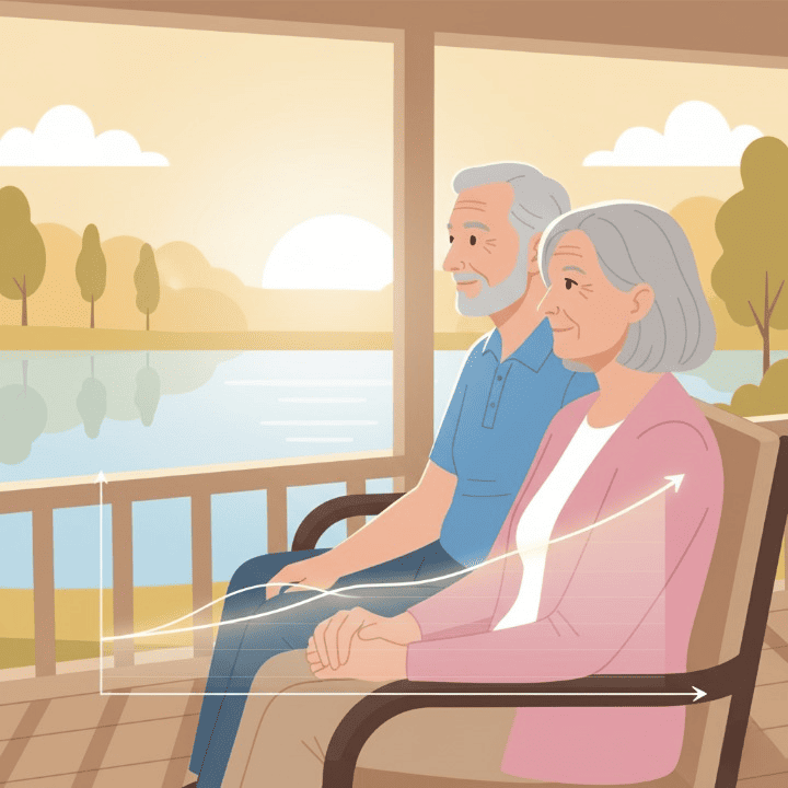 An older couple enjoying a peaceful retirement on their porch, with a graphic overlay illustrating how an annuity provides a stable, guaranteed income stream.