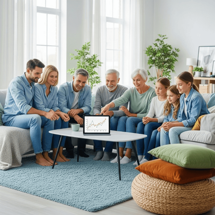 A group of people of different ages discussing a financial plan on a tablet in a cozy living room, symbolizing comfortable and secure retirement planning across generations.