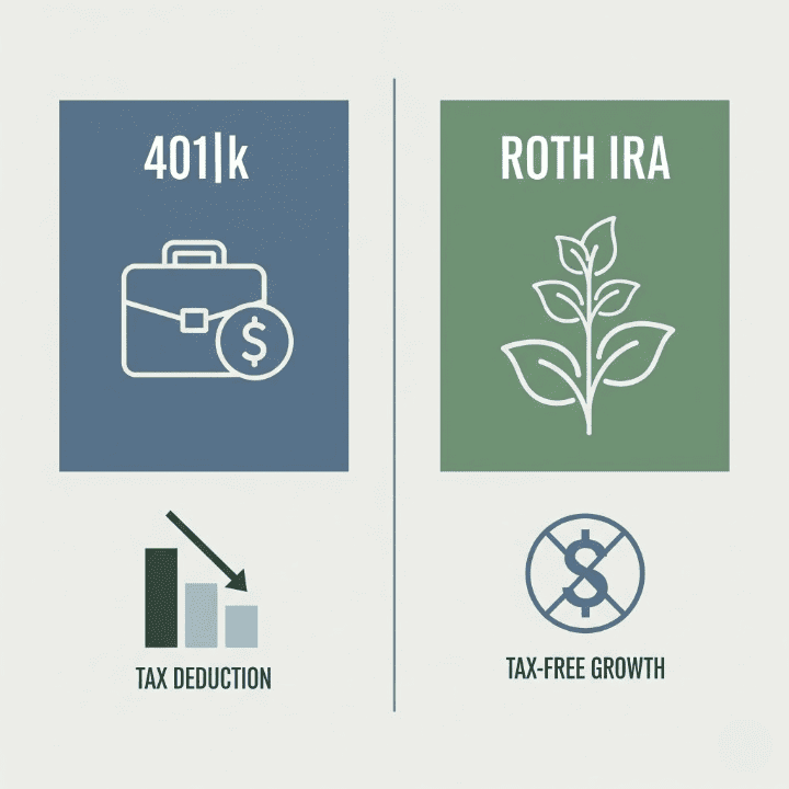 A visual comparison between a 401(k) and a Roth IRA, showing a traditional 401(k) on the left with a tax deduction icon and a Roth IRA on the right with a tax-free growth icon.