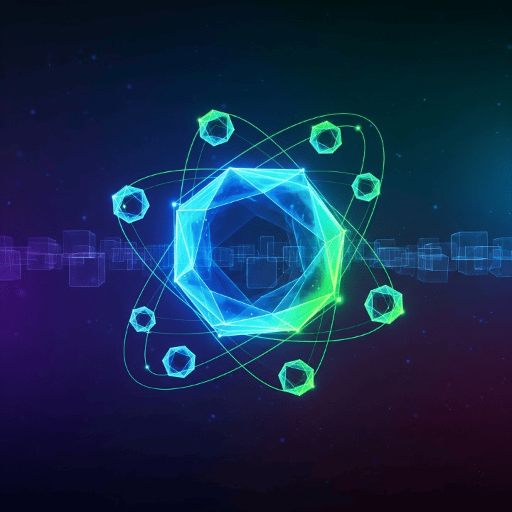 A futuristic, abstract image of glowing geometric shapes connected by lines, representing crypto staking and the passive income earned from securing a blockchain network.