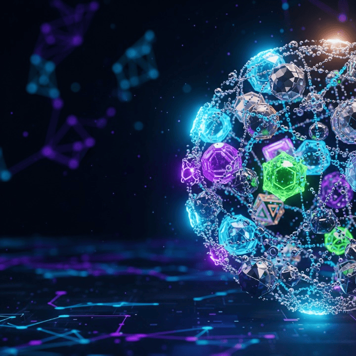 A conceptual graphic showing a glowing, crystalline sphere made of unique, interconnected digital shapes, representing the non-fungible and technological nature of NFTs.