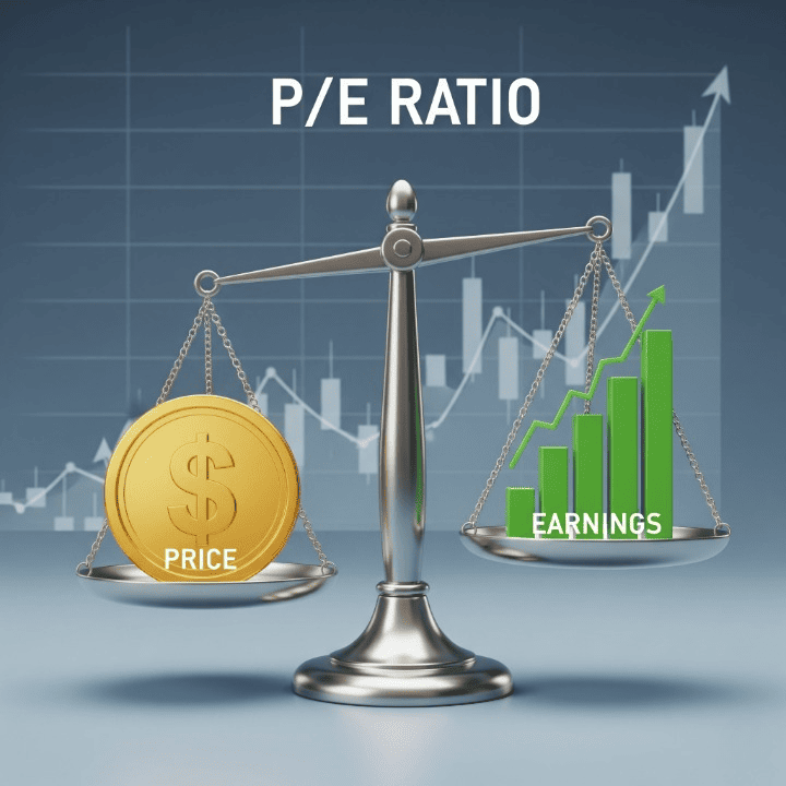 A conceptual graphic of a balanced scale with Price on one side and Earnings on the other, representing the Price-to-Earnings ratio.