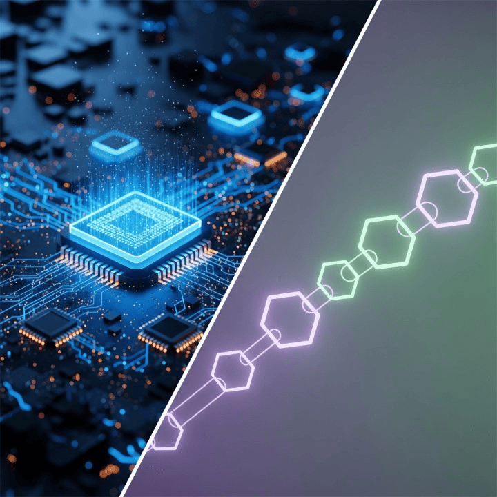 A conceptual graphic comparing Proof-of-Work and Proof-of-Stake, showing computer circuits for PoW and a streamlined chain of tokens for PoS.