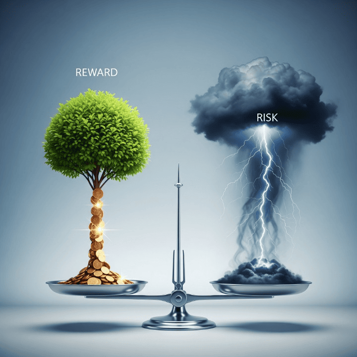 A conceptual image of a balanced scale, with a stack of coins and a growing plant on the "reward" side and a stormy cloud on the "risk" side, representing the balance of risk and reward in investment.