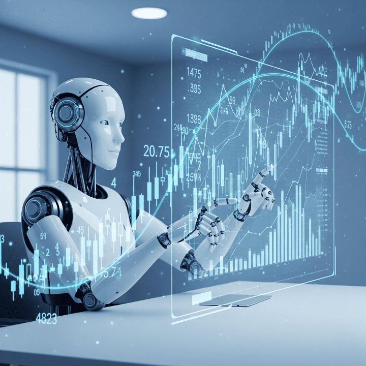 A conceptual graphic of a robot managing a financial portfolio on a computer screen, representing a robo-advisor.