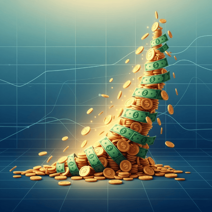A conceptual image of a stack of coins growing exponentially in a spiral, representing the power of compound interest and wealth accumulation.