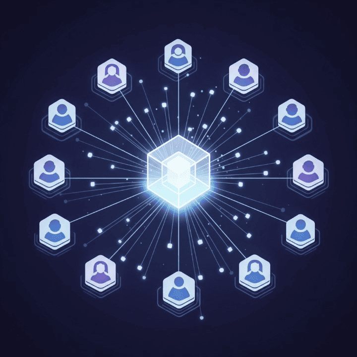 An abstract image of a decentralized network of people connected to a central smart contract, representing the structure of a DAO (Decentralized Autonomous Organization).