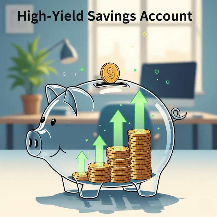 A transparent piggy bank showing coins growing into a large stack with upward arrows, symbolizing the growth potential of a high-yield savings account.