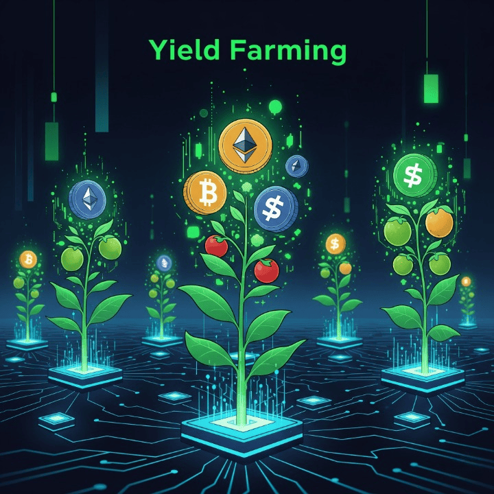 Digital plants growing from a blockchain network, bearing cryptocurrency coins as fruit, symbolizing the concept of crypto yield farming and growth in DeFi.