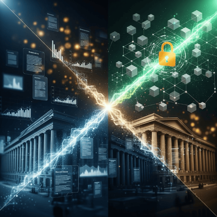 An image illustrating the integration of financial regulation and institutional decentralized finance. It shows a visual metaphor of traditional finance symbols merging with blockchain and crypto icons, representing stability and growth in digital assets.