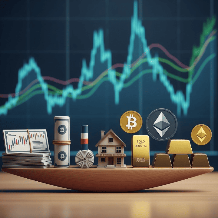 A balanced investment portfolio featuring diverse assets like stock charts, gold bars, crypto coins, and real estate models, set against a dynamic financial market background, illustrating resilience and stability.