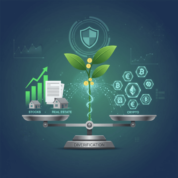 An illustration showing various investment assets including stocks, bonds, real estate, and cryptocurrencies, balanced together to represent a diversified portfolio aimed at long-term financial growth and stability.