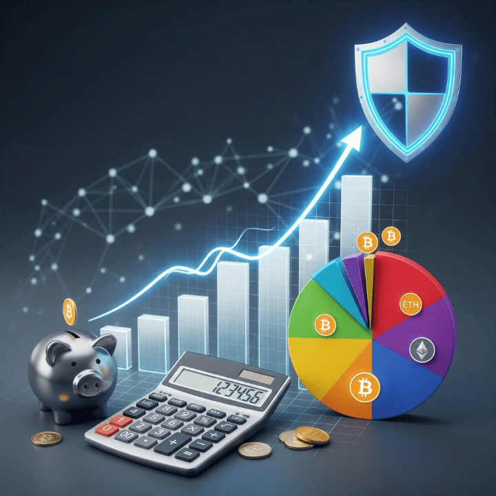 Illustration representing intelligent investing, featuring a rising stock chart, a diversified asset pie chart, blockchain symbols for crypto, a calculator for financial planning, and a secure lock symbol for risk management, all against a clean background.