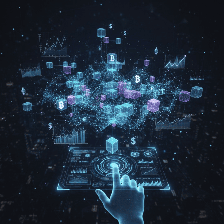 Illustration of Decentralized Finance (DeFi) network with interconnected nodes and flowing digital currency symbols, emphasizing decentralization and innovation.
