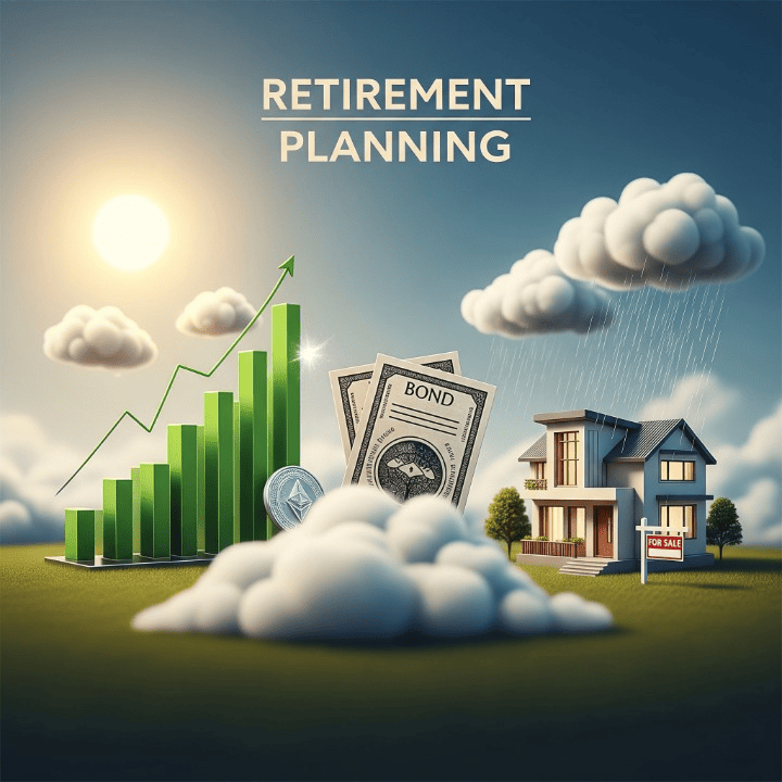 A dynamic retirement portfolio adapting to various economic conditions, featuring diversified assets including traditional investments and digital assets like cryptocurrencies.
